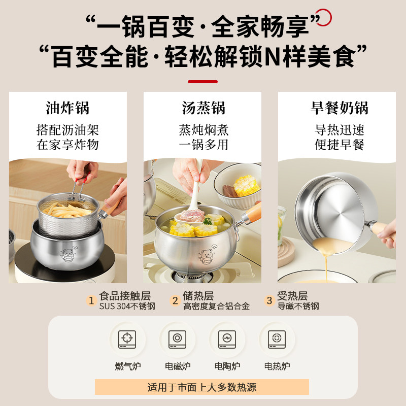 拜格304不锈钢油炸锅家用小型奶锅商用摆摊燃气滤网省油炸串锅201,淘宝优惠券,粉丝福利购,淘宝优惠卷