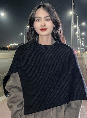 纯羊毛秋冬圆领针织披肩斗篷女围脖厚保暖套头外搭叠穿不规则开叉
