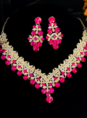 刘亦菲柳柳同款新娘结婚饰品两件套 精美彩色水钻项链耳环套