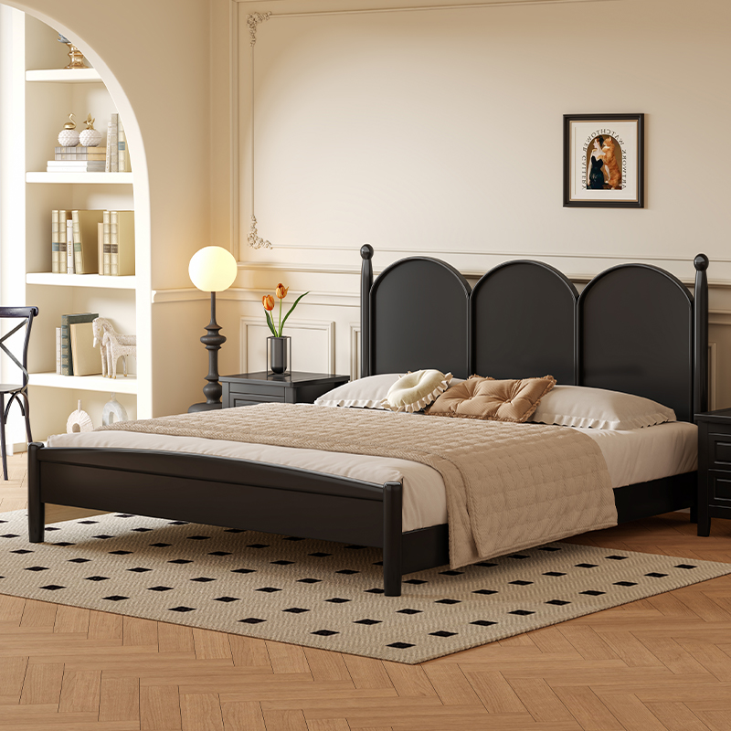 法式复古床黑色实木床现代简约1.8m双人床中古床主卧室美式床婚床
