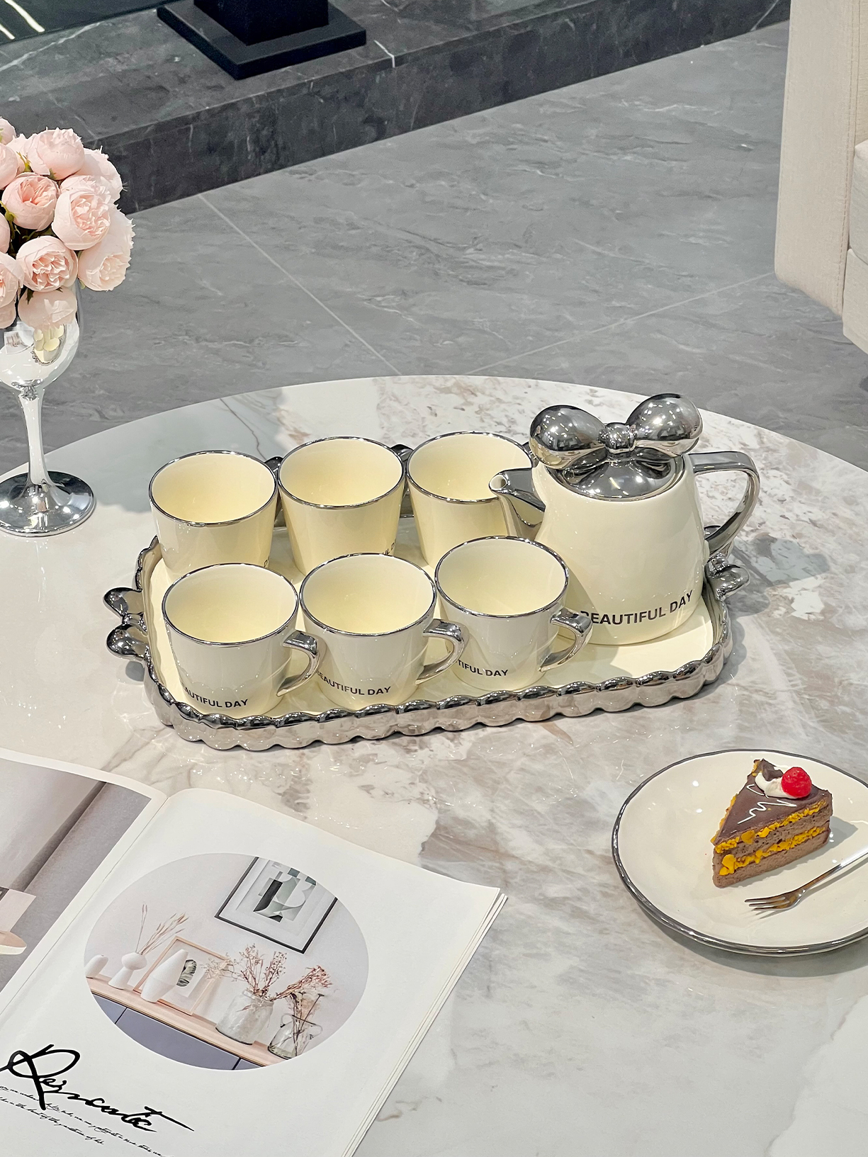 奶油风陶瓷喝水杯子家用套装茶杯茶具茶壶轻奢客厅冷水壶杯具北欧 - 图1