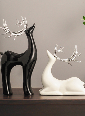 现代福鹿高级感客厅玄关酒柜装饰摆件电视柜陶瓷轻奢摆件乔迁礼品