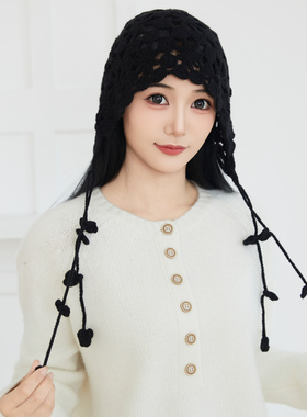 100%山羊绒手工编织钩花包头帽女流苏针织帽显脸小民族风镂空帽子