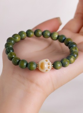 情侣绿檀菩提猫爪黄杨木莲花手串