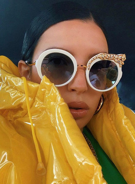 欧美ins新款时尚圆框墨镜女豹子防蓝光镶钻大框太阳镜sunglasses