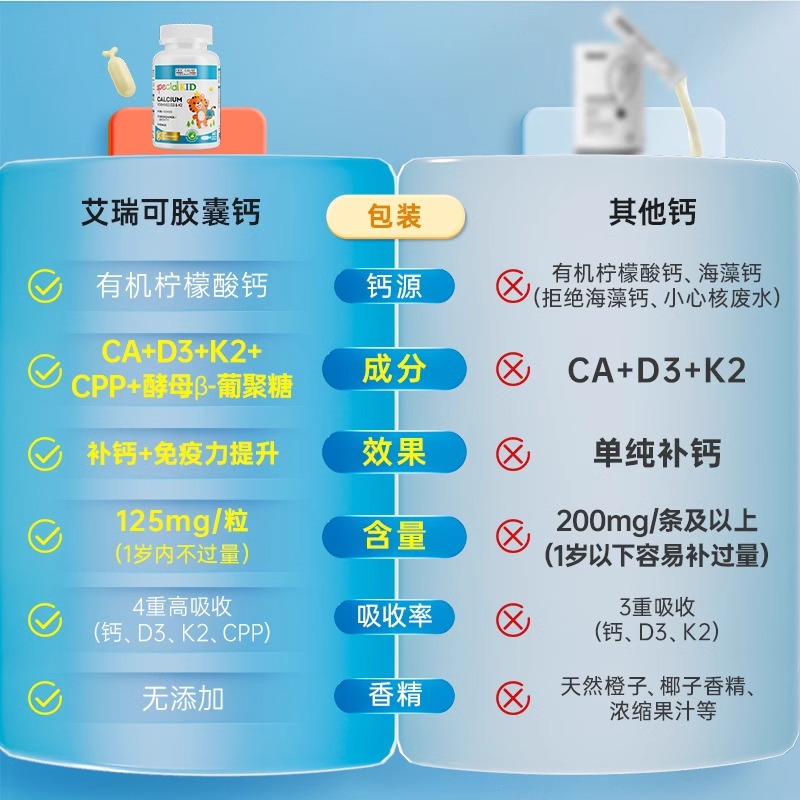 艾瑞可儿童补钙胶囊宝宝钙镁锌钙液体婴幼儿乳钙β葡聚糖免疫力钙