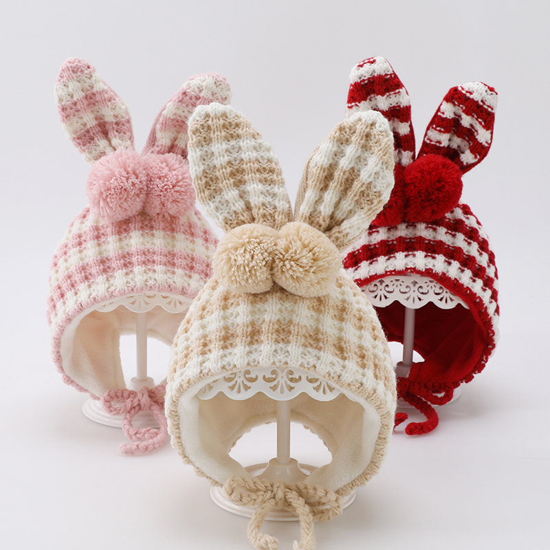 女宝宝帽子冬季兔耳朵毛线帽冬天保暖可爱秋冬护耳加绒婴儿针织帽