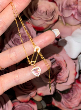 安全别针 黄打屁设计氛围感韩风甜酷辣妹粉钻925银项链锁骨链颈链