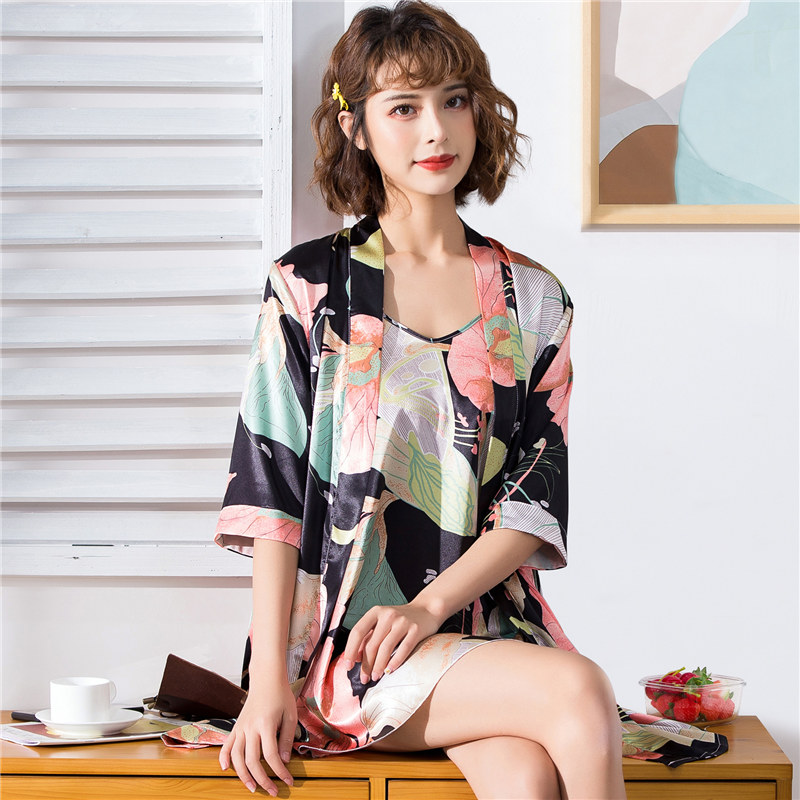 sweetminihu旗舰店睡裙女春秋两件套家居服冰丝睡衣女夏吊带睡袍丝绸私房性感睡衣2