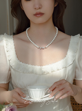 单层蝴蝶结金属扣复古珍珠项链