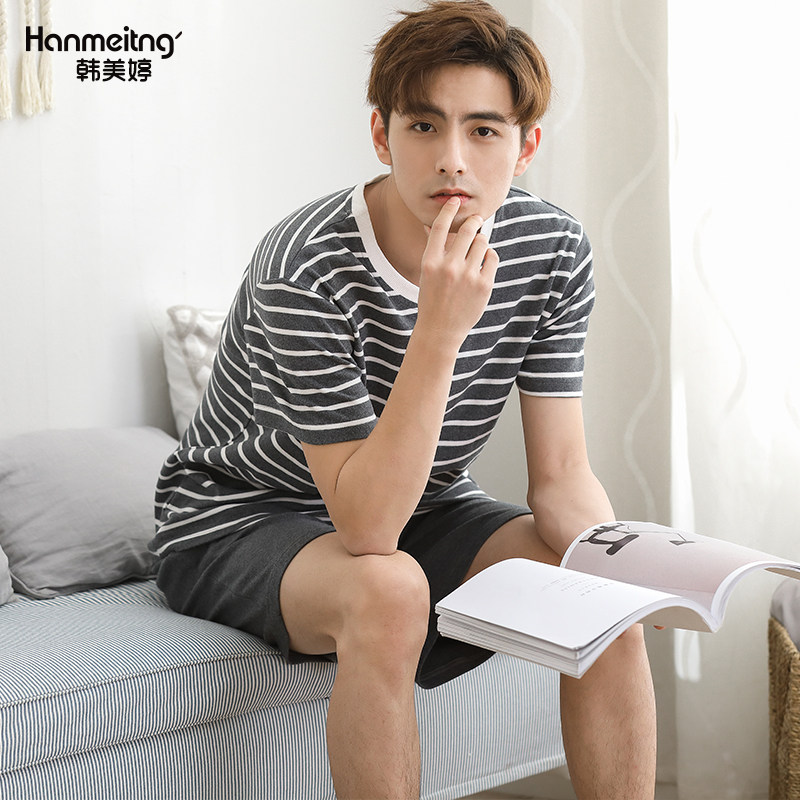 夏季短袖情侣纯棉条纹可外穿睡衣 韩美婷睡衣/家居服套装