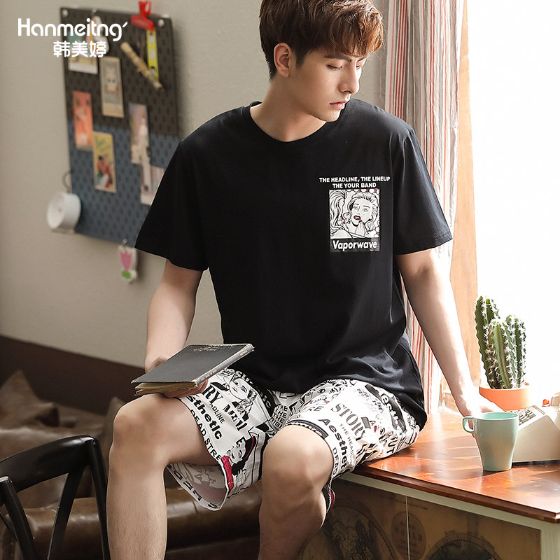 情侣夏季纯棉短袖短裤休闲宽松睡衣 韩美婷睡衣/家居服套装