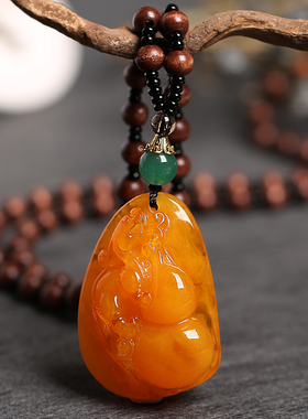 老蜜蜡吊坠毛衣链二代鸡油黄琥珀水滴长款项链鸡翅木挂坠男女款