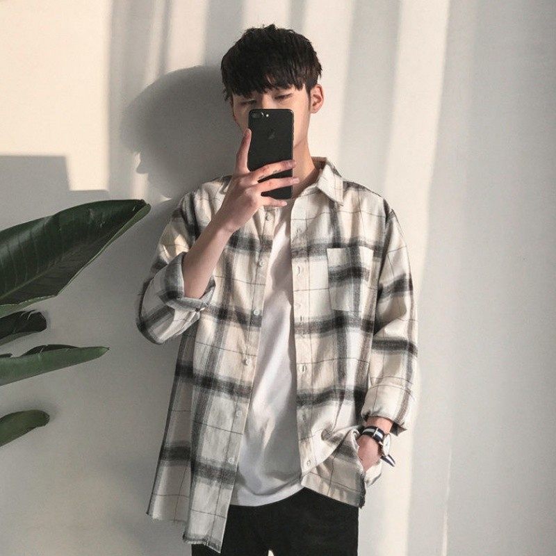帅气外套韩版上衣男衬衫ins格子潮流长袖春秋季学生宽松百搭休闲,淘宝优惠券,粉丝福利购,淘宝优惠卷