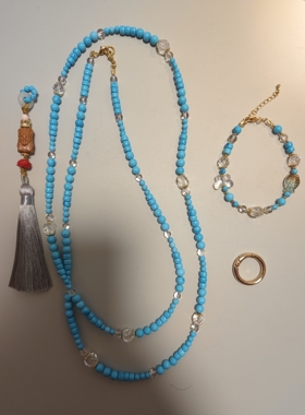 新中式轻奢蓝松石手机链可斜挎扎基拉姆串珠长款项链手链国风挂绳