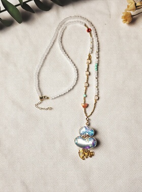 新中式国风宋锦蓝葫芦白玉串珠南红蝴蝶项链女旗袍汉服毛衣链