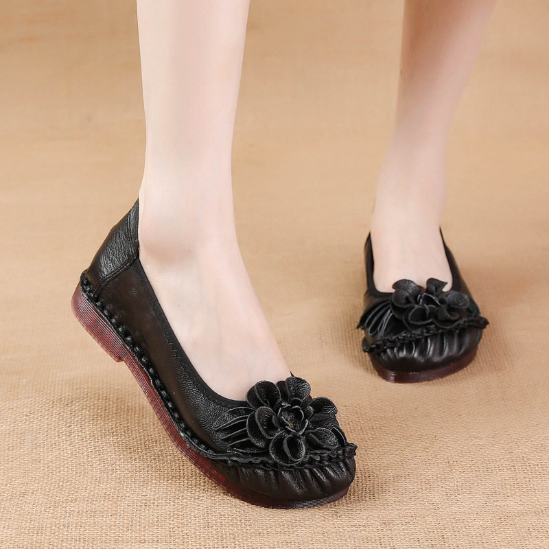 夏单鞋真皮平底防滑软底妈妈鞋民族风女鞋女皮鞋复古中老年豆豆鞋,淘宝优惠券,粉丝福利购,淘宝优惠卷