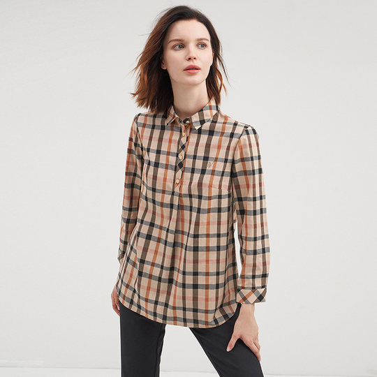 versino梵思诺四季款纯棉格纹女士长袖衬衣女复古英伦格子衬衫女