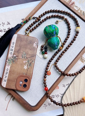 【宋锦葫芦】金丝檀木斜挎链国风新中式香云纱吊坠手机链汉服配饰