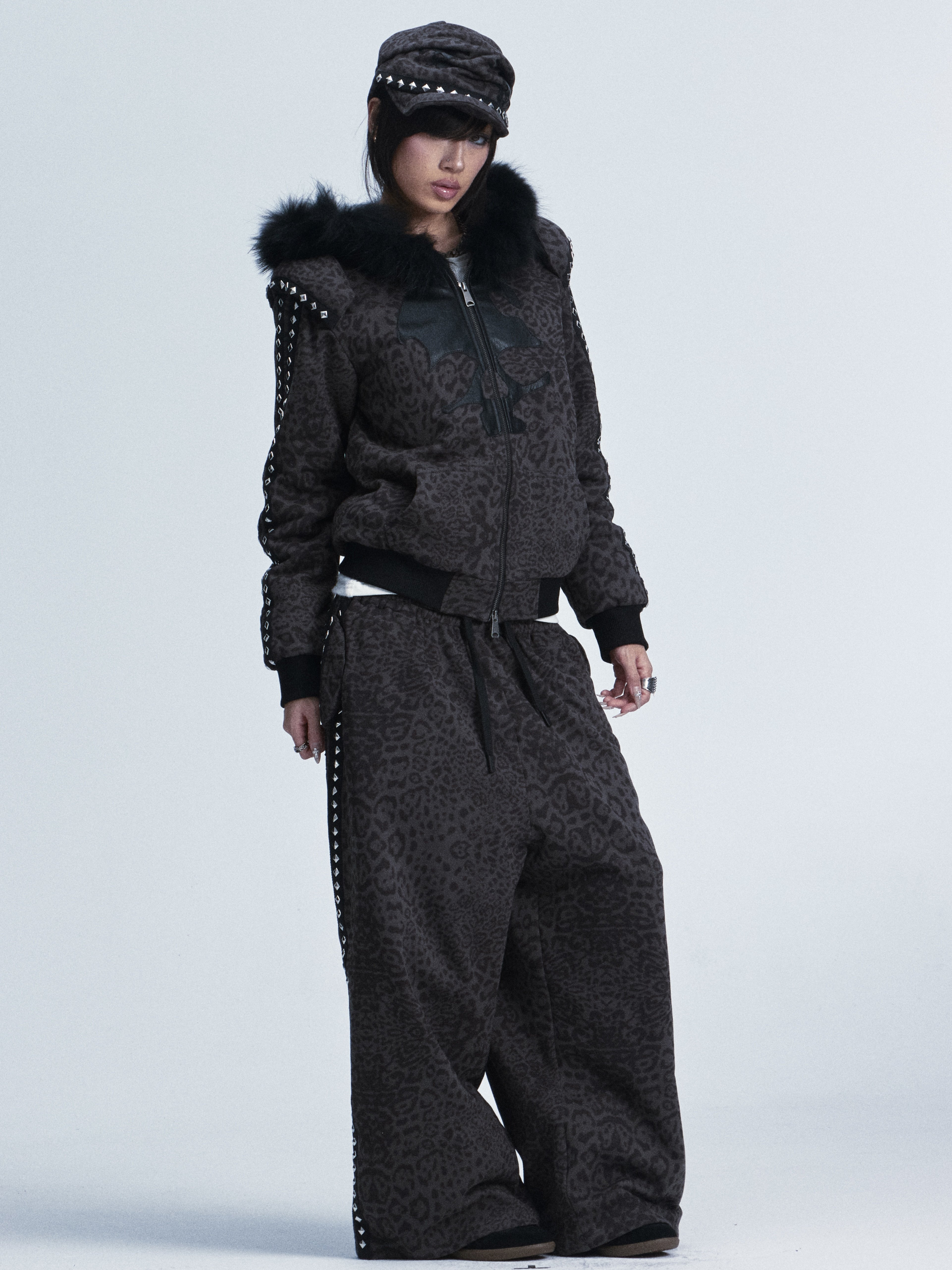 NONAME SPACE 宽松垫肩豹纹皮贴狐毛领毛绒连帽卫衣休闲裤套装,淘宝优惠券,粉丝福利购,淘宝优惠卷