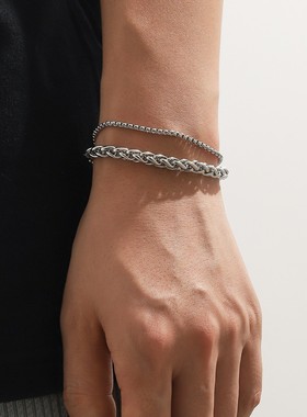 男士不锈钢手链嘻哈简约龙骨花篮方珍珠双层钛钢手串复古街头配饰