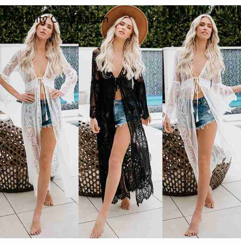 Long Sleeve Sarong Kaftan Dress Beach Wear Lace Crochet - 图0