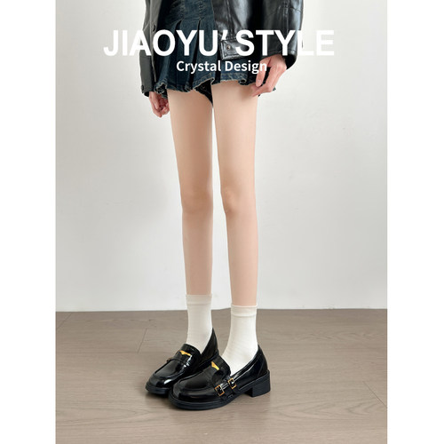 真皮~骄屿复古金属皮带扣粗跟乐福鞋通勤百搭一脚蹬圆头浅口单鞋 - 图1