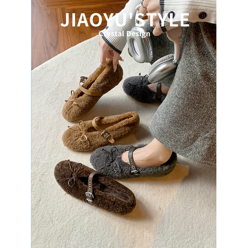 真皮~骄屿复古羊羔毛玛丽珍鞋miu蝴蝶结圆头芭蕾鞋毛毛鞋加绒单鞋,淘宝优惠券,粉丝福利购,淘宝优惠卷