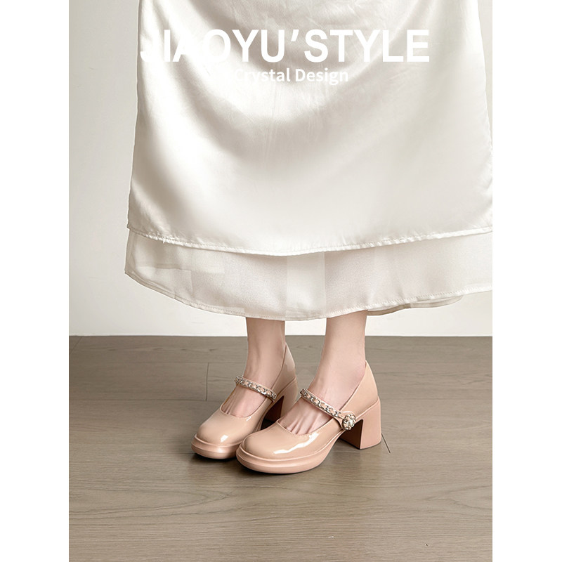 真皮~骄屿法式小香风链条玛丽珍鞋女白色浅口百搭厚底粗高跟单鞋