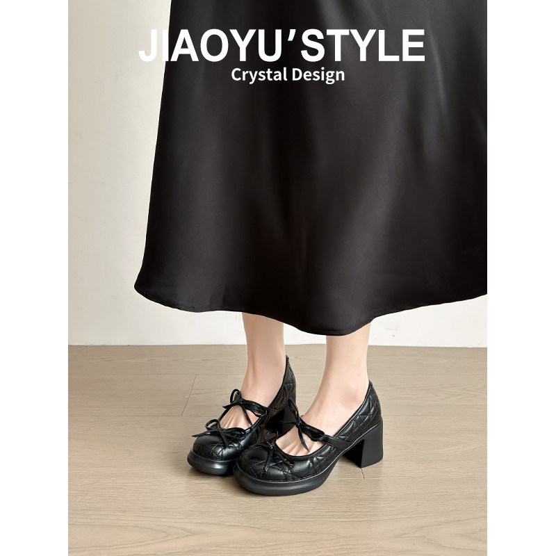 真皮~骄屿法式厚底玛丽珍高跟鞋女2026春新款百搭粗跟蝴蝶结单鞋