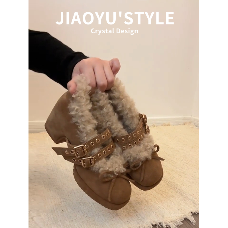 真皮~骄屿法式复古加绒保暖玛丽珍2025新款冬季粗高跟单鞋毛毛鞋,淘宝优惠券,粉丝福利购,淘宝优惠卷