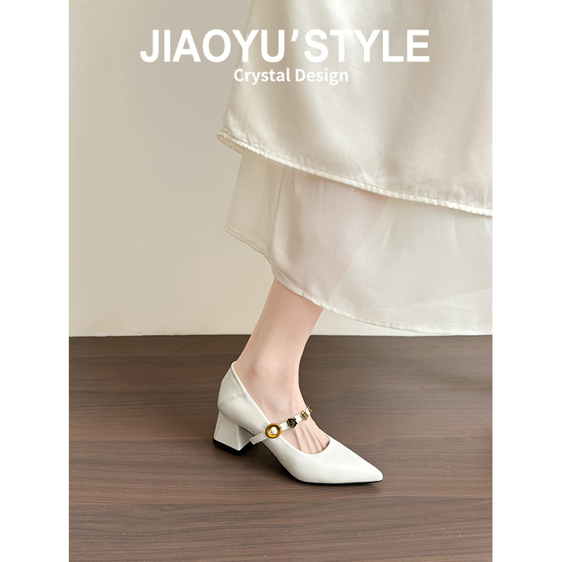 真皮~骄屿法式粗跟玛丽珍鞋女尖头通勤单鞋气质浅口一字带高跟鞋