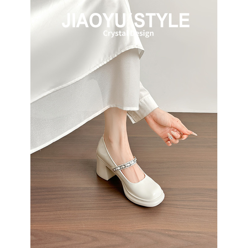 真皮~骄屿法式小香风链条玛丽珍鞋女白色浅口百搭厚底粗高跟单鞋