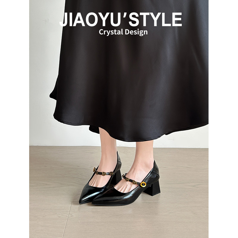 真皮~骄屿法式粗跟玛丽珍鞋女尖头通勤单鞋气质浅口一字带高跟鞋