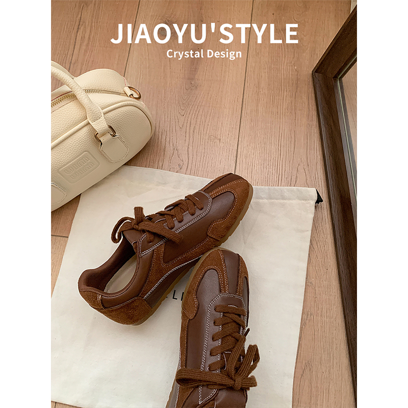 真皮~骄屿5CM内增高芭蕾德训鞋女2025新款美拉德系带休闲鞋阿甘鞋