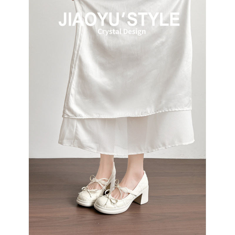 真皮~骄屿法式厚底玛丽珍高跟鞋女2026春新款百搭粗跟蝴蝶结单鞋