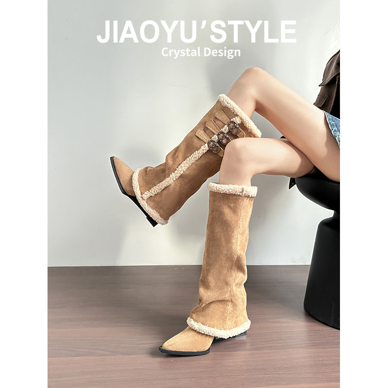 真皮~骄屿雪地靴2025新款冬季厚底加绒棉鞋保暖尖头皮带扣长筒靴