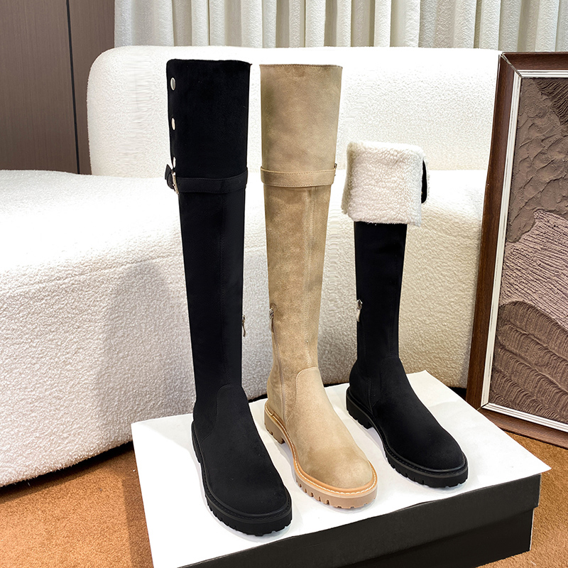 真皮~骄屿过膝靴棕色两穿长筒靴女2023秋冬加绒粗跟长靴骑士靴女 - 图0