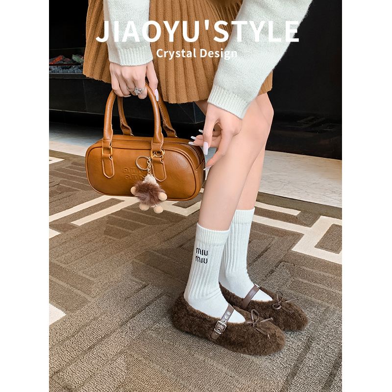 真皮~骄屿复古羊羔毛玛丽珍鞋miu蝴蝶结圆头芭蕾鞋毛毛鞋加绒单鞋,淘宝优惠券,粉丝福利购,淘宝优惠卷