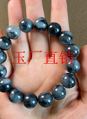 新疆和田玉青花籽料圆珠手串珠串散珠配饰男女款墨点山水意境手链