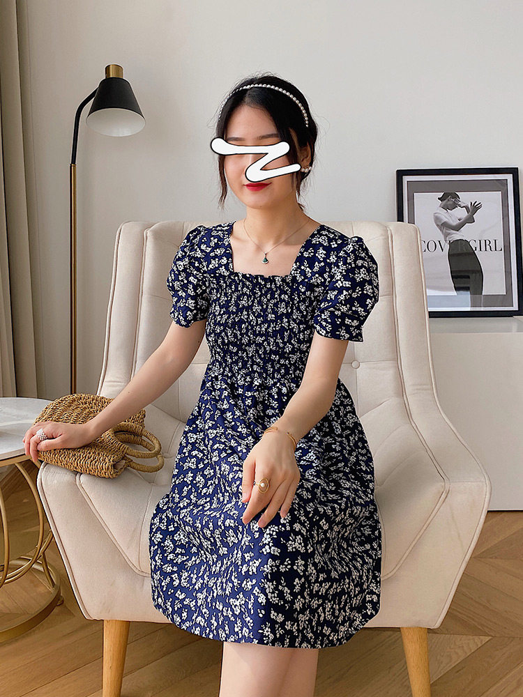 藏青色碎花连衣裙21夏季新款复古高腰法式宫廷方领泡泡袖娃娃裙