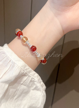 天然红玛瑙手链原创复古黄水晶