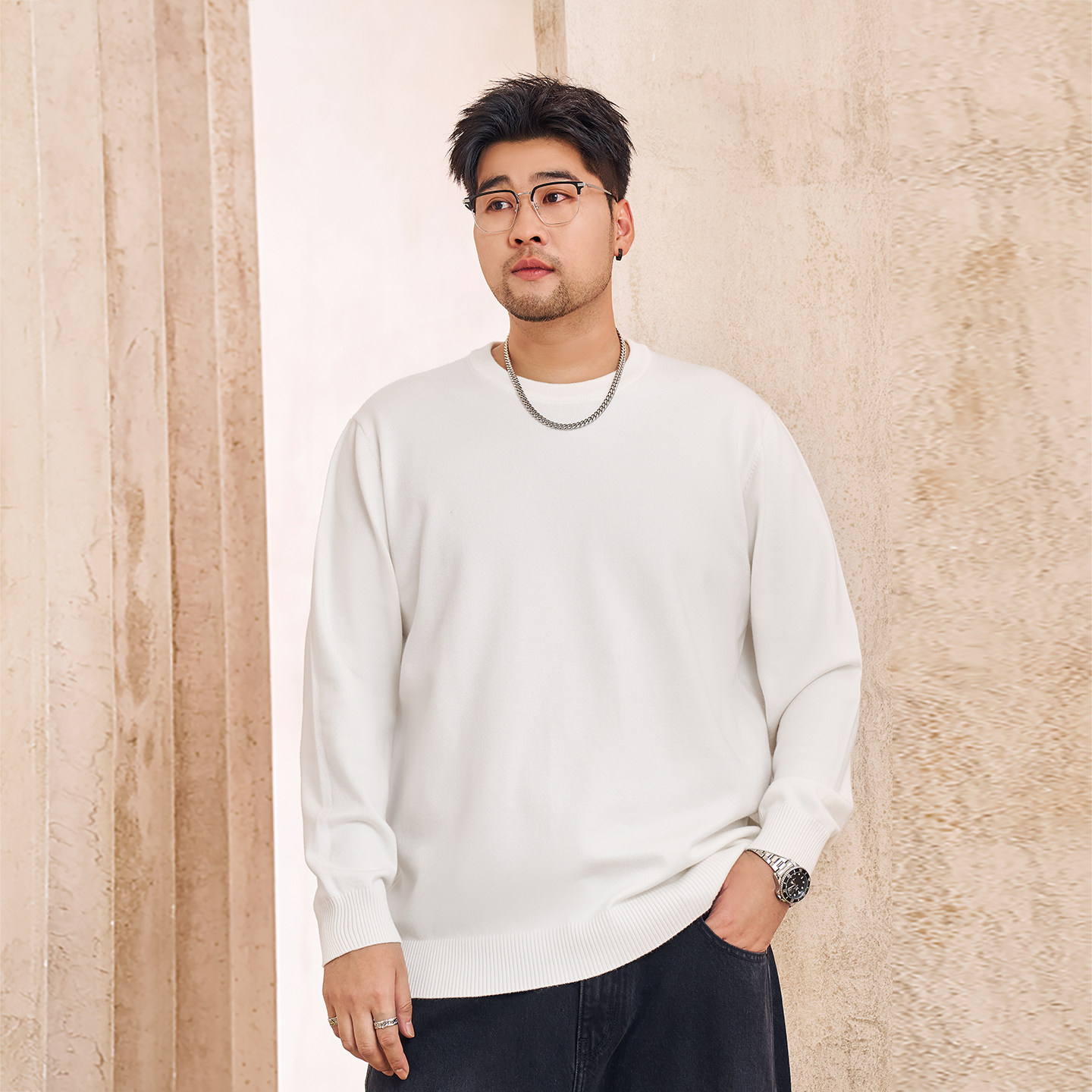 黑劲大码男装潮纯色内搭简约毛衣肥佬加肥加大圆领套头胖子针织衫,淘宝优惠券,粉丝福利购,淘宝优惠卷