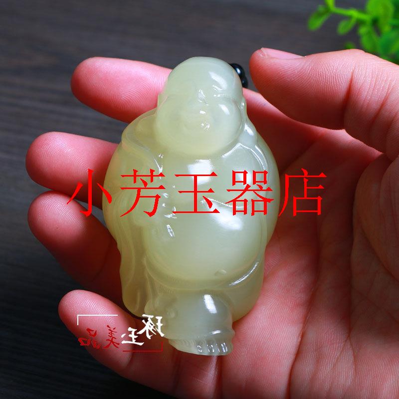 精选新疆和田玉高冰种青白玉站佛玉石笑佛手把件青白玉弥勒佛吊坠