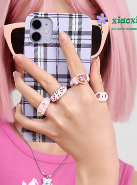 ins风可爱甜美多巴胺风格少女锆石镶嵌爱心造型手工滴油戒指手饰