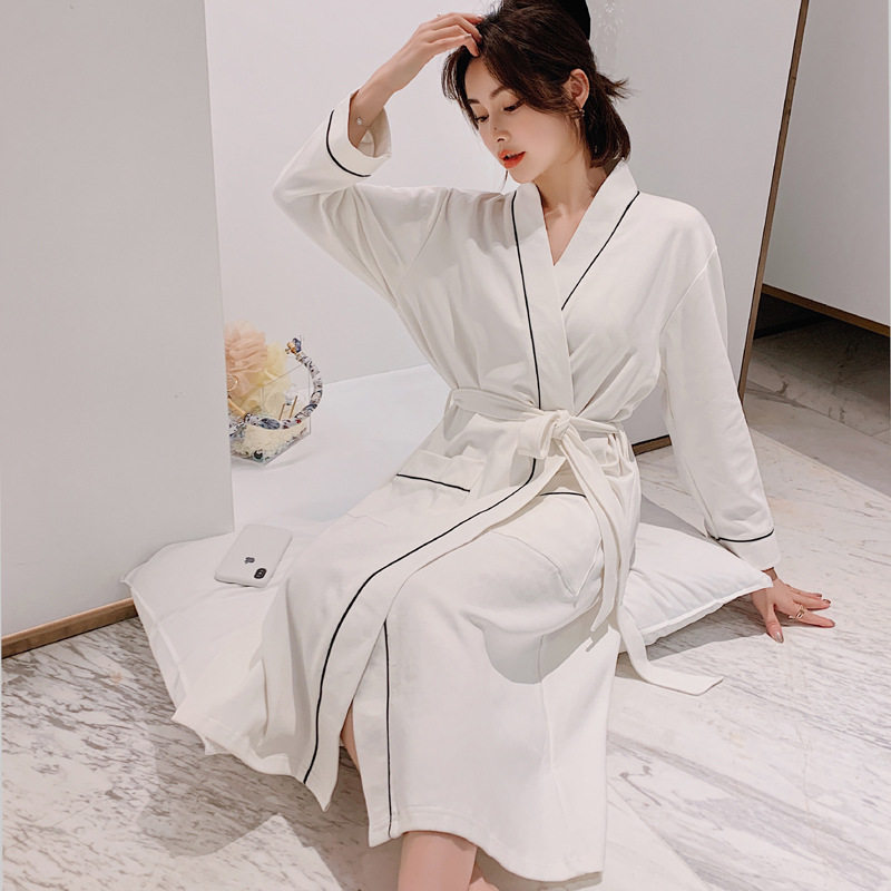 白色男女纯棉长袖春秋宽松长款睡袍 达尔爽睡衣/家居服套装