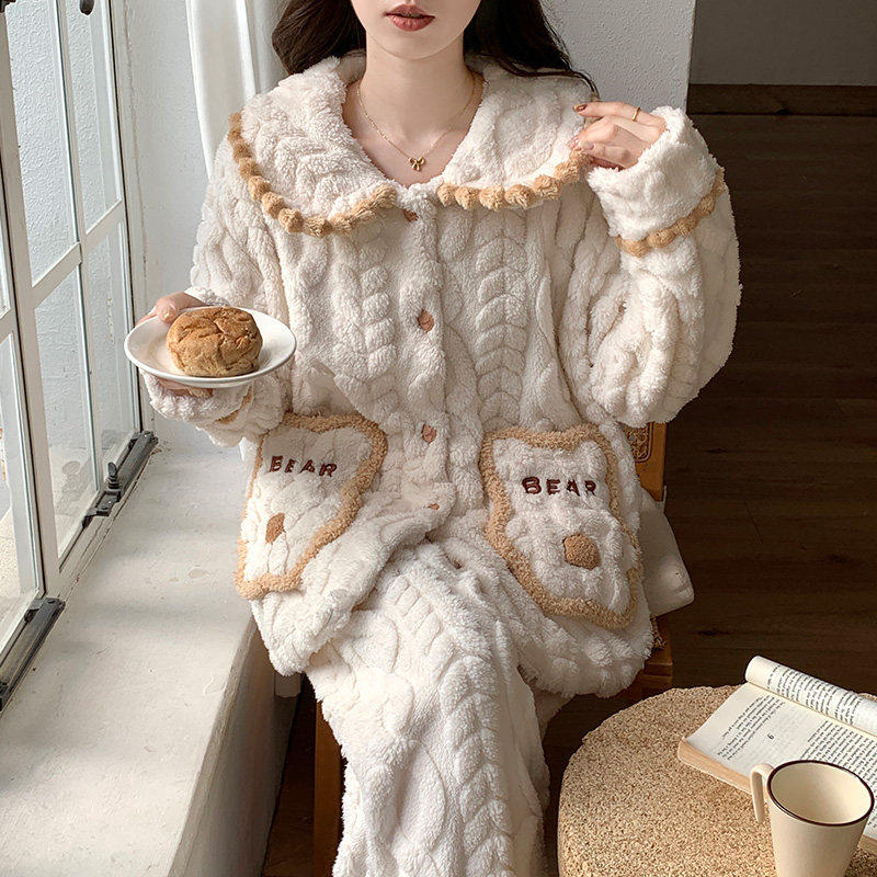 秋冬季珊瑚绒睡衣女款加厚加绒甜美保暖长袖开衫法兰绒家居服套装,淘宝优惠券,粉丝福利购,淘宝优惠卷