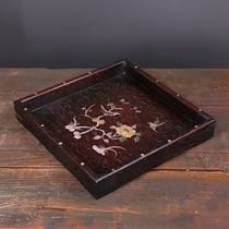 Ancient playing wood Antique Old Goods Red Wood Inlaid Shells Flowers Birds Square Tea Tray Trays Nostalgic Old Objects Collection