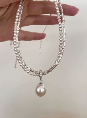 银贝S925纯银施家珍珠双层碎银子项链叠戴时尚款轻奢高级感锁骨链
