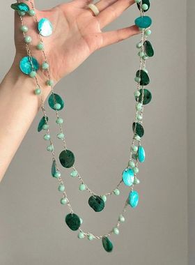 复古绿色贝壳串珠项链女款波西米亚民族风小众长款叠戴毛衣链配饰